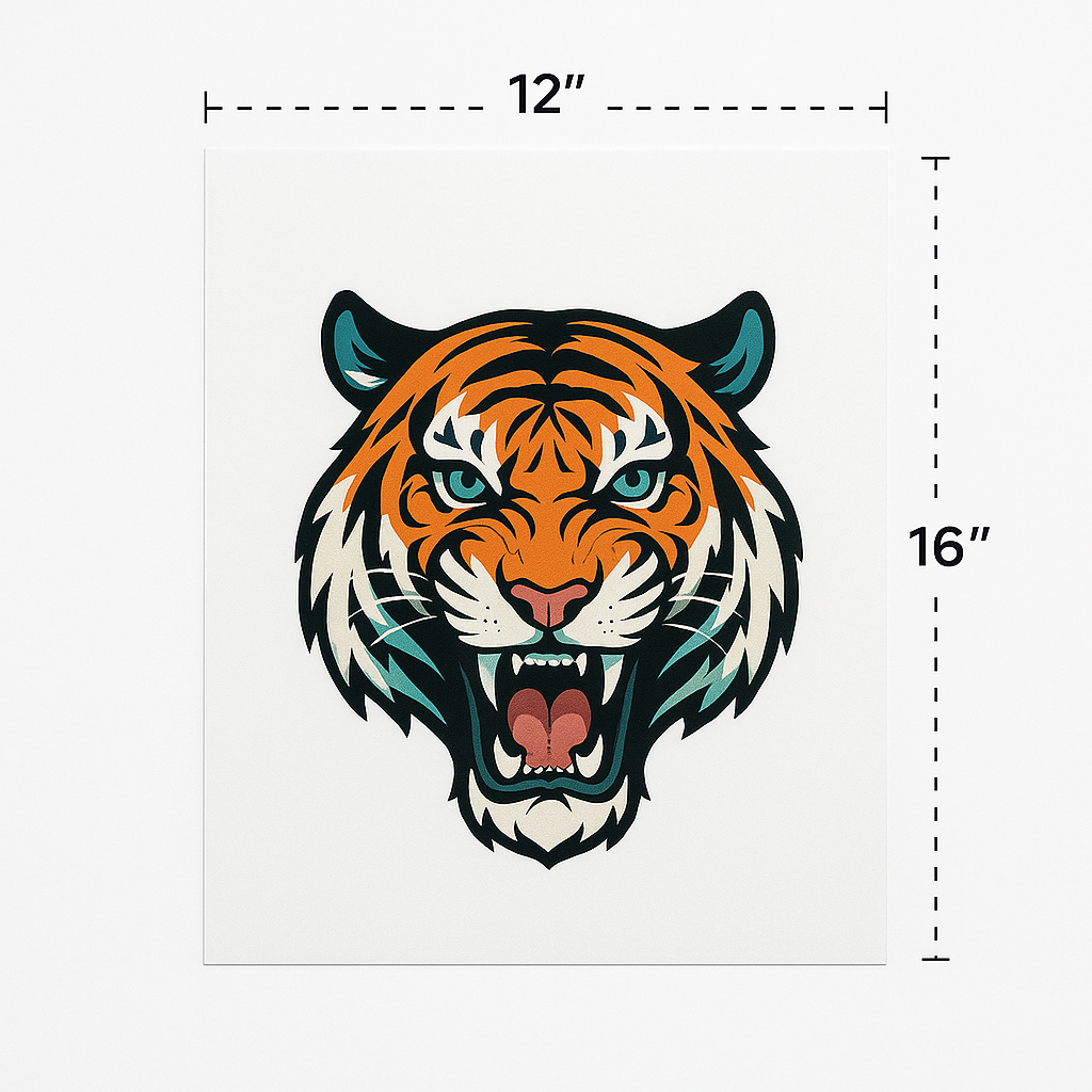12x16 inch DTF transfer sheet showing bold tiger artwork - professional quality direct to film transfer by Inked Mesh