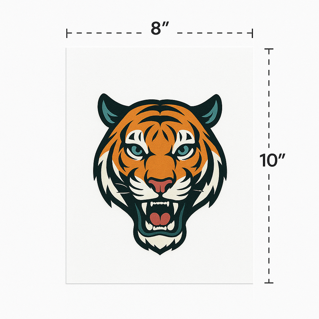 8x10 inch DTF transfer sheet printed with tiger graphic - custom direct to film heat transfer from Inked Mesh