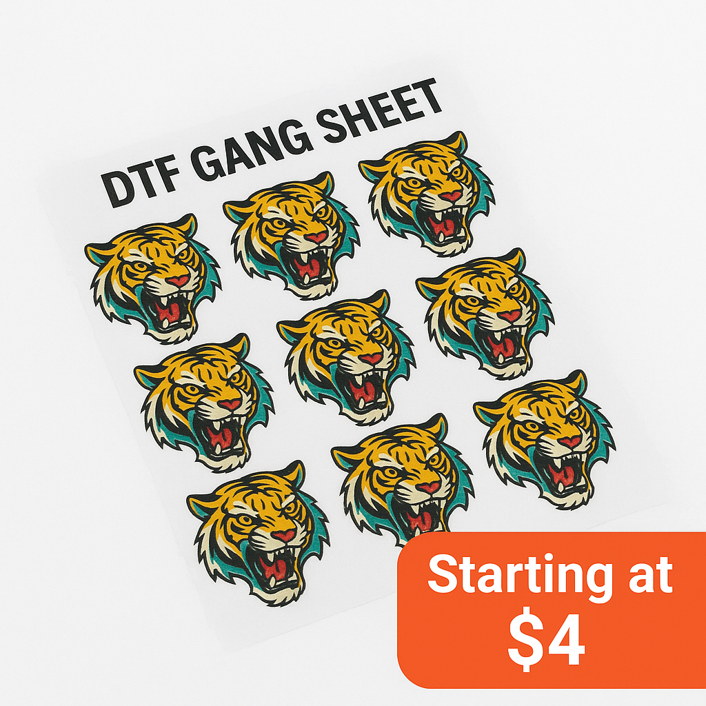 DTF gang sheet example with multiple tiger graphics - bulk direct to film transfer sheet from Inked Mesh
