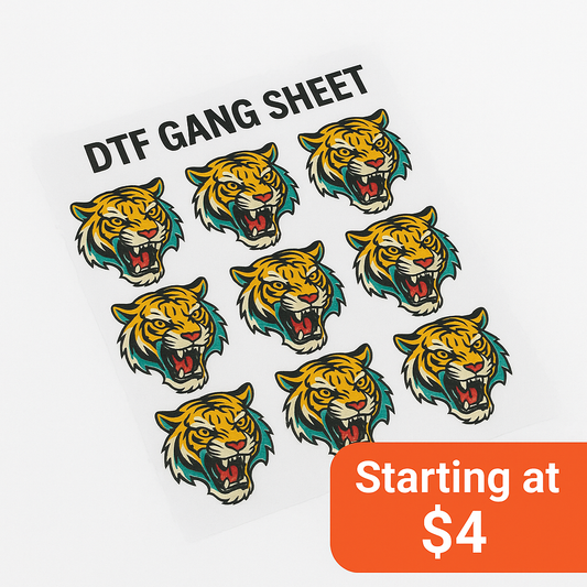 DTF gang sheet example with multiple tiger graphics - bulk direct to film transfer sheet from Inked Mesh