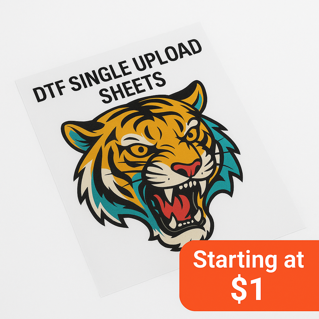 DTF single sheet transfer with colorful tiger design on white background - custom direct to film heat transfer from Inked Mesh starting at $1