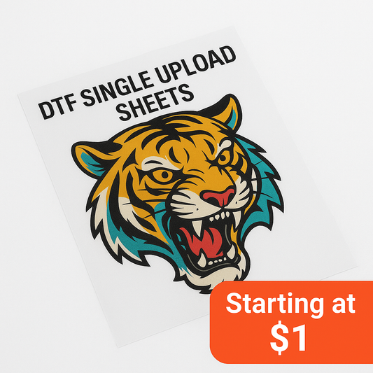 DTF single sheet transfer with colorful tiger design on white background - custom direct to film heat transfer from Inked Mesh starting at $1